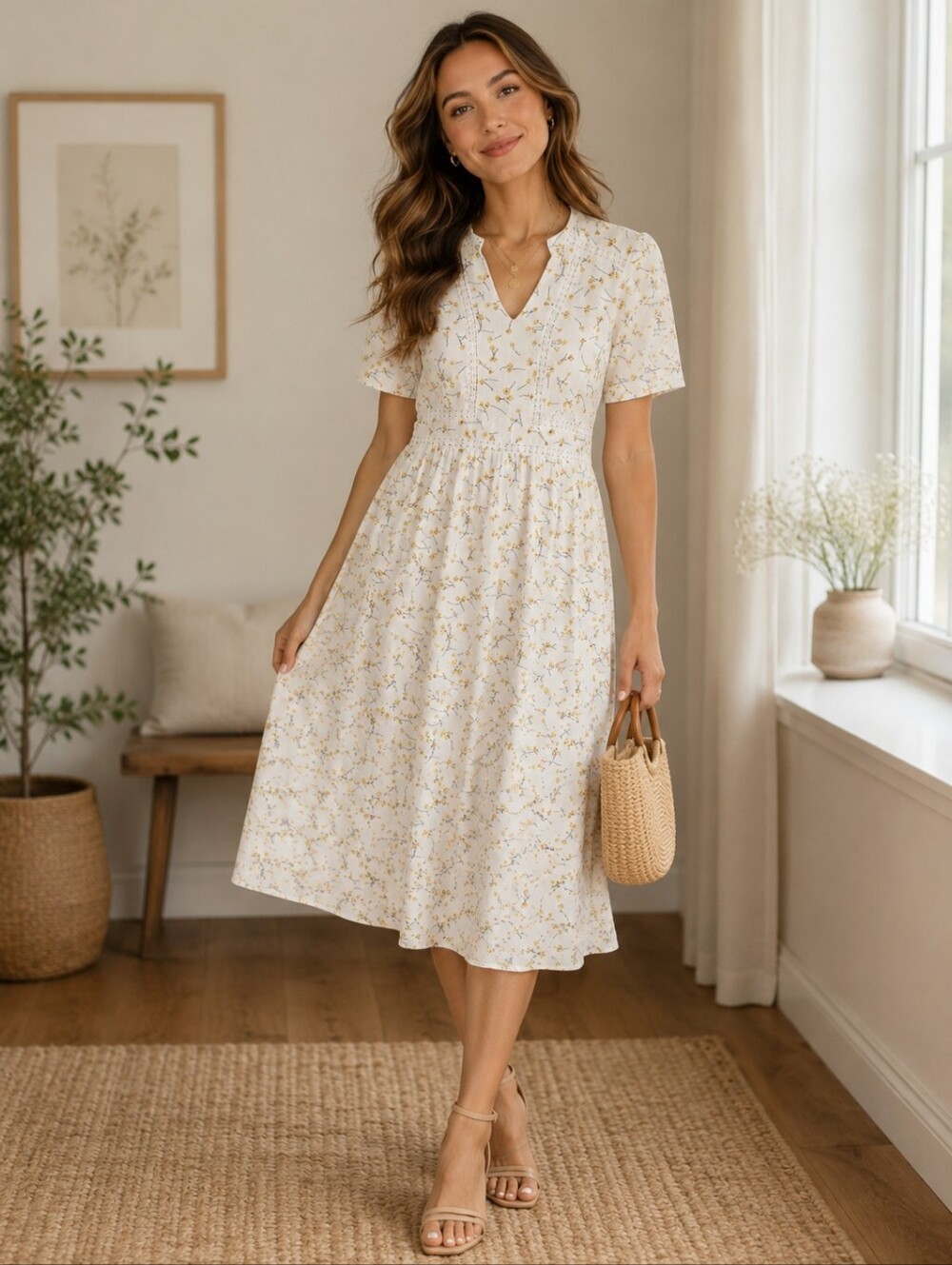 Roolee Cream Midi Dress with Yellow Floral Motif